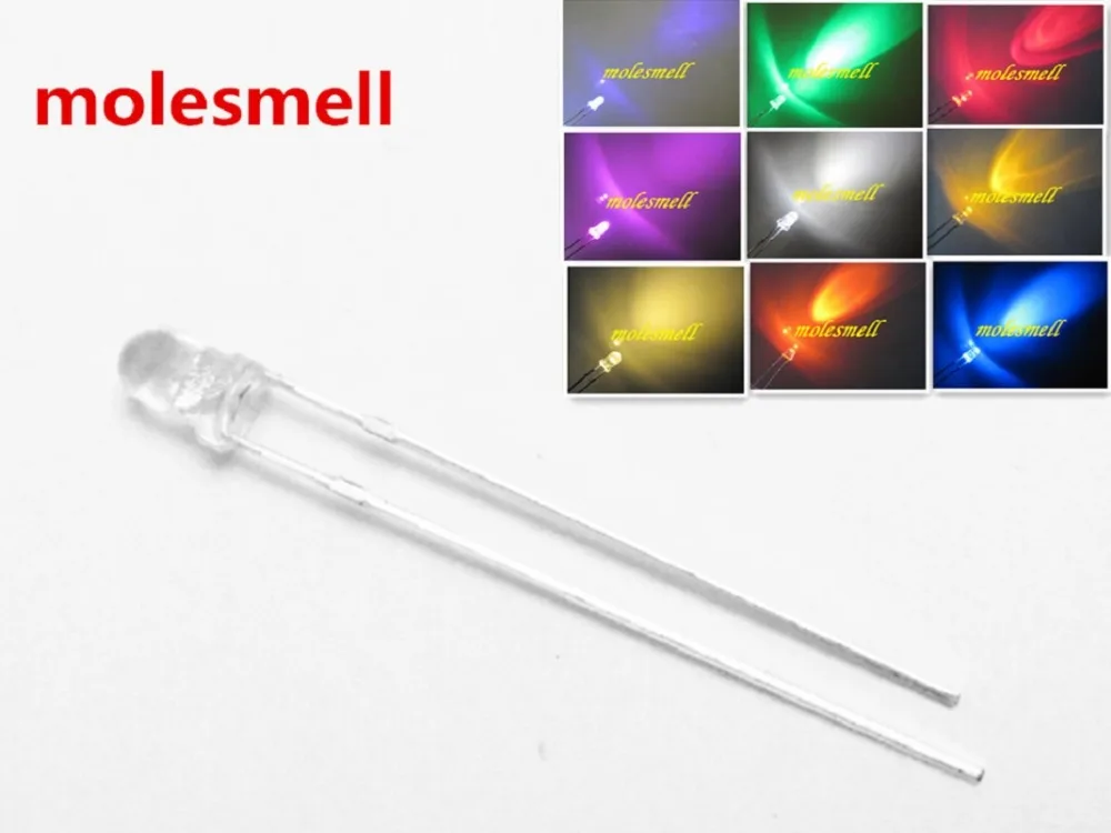 

50pcs colorful 3mm round water clear red yellow blue green white orange purple pink warm white leds select the color you want