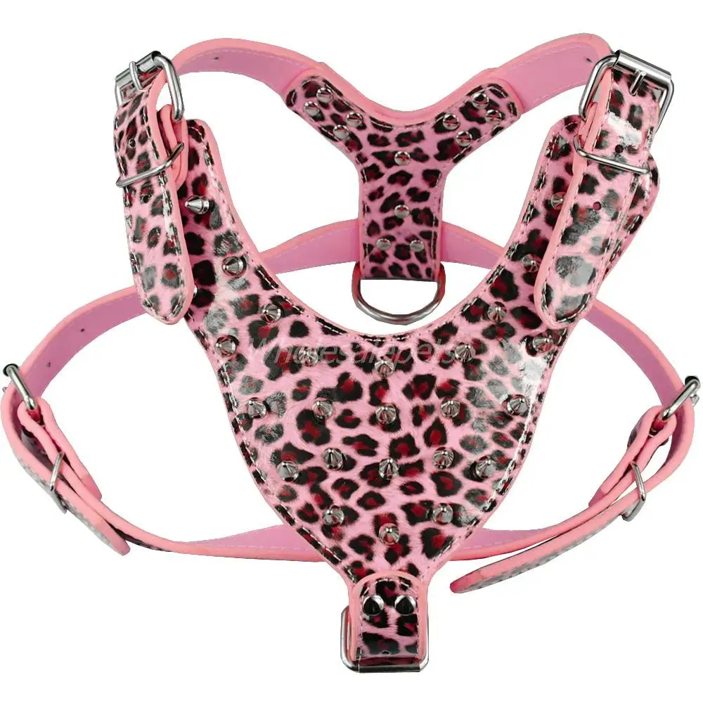 Черная кожаная шлейка с шипами для собак крупных пород - Цвет: Pink Leopard