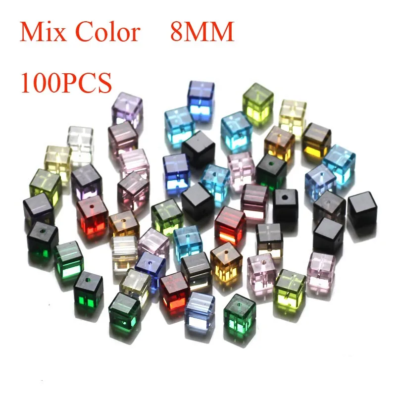 Разноцветные 8 мм кубические хрустальные бусины (100 шт./лот) квадратные стеклянные