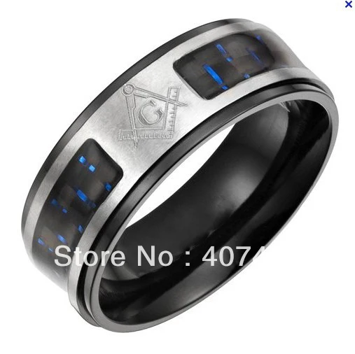 

Anniversary Gift Ring Masonic Ring 8MM 316 Stainless Steel Black &Polished Two Tones With Blue Fiber Inlay Masonic Master Ring