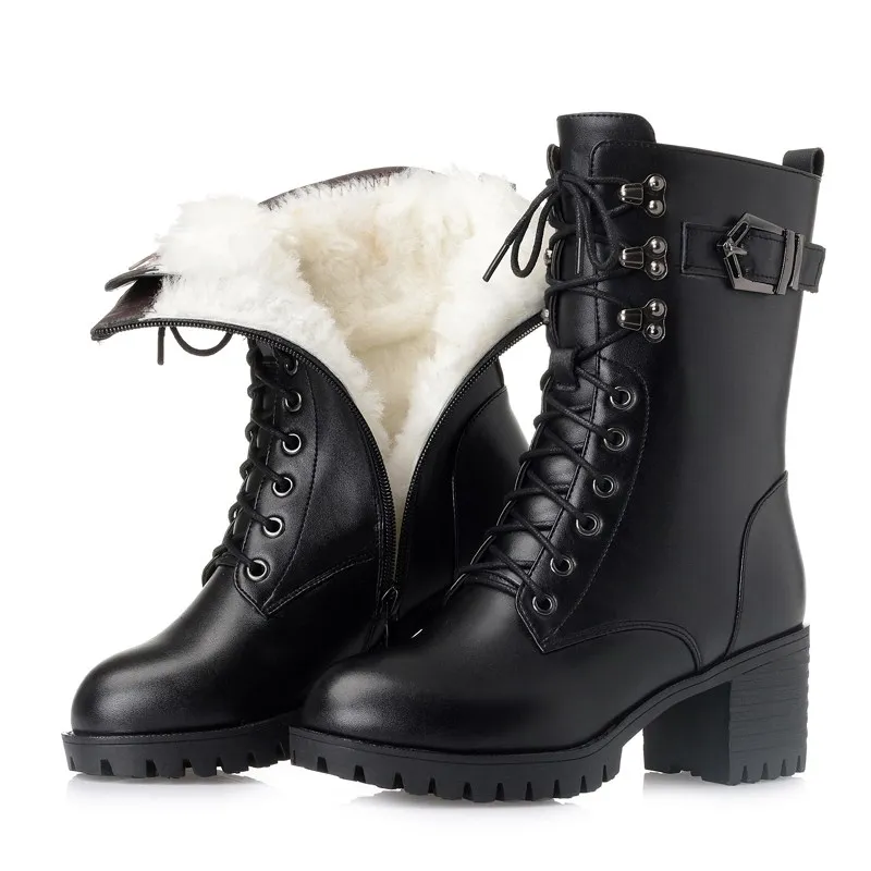black wool AIYUQI г. Женские военные ботинки из натуральной кожи модные женские Ботинки martin на шнуровке, размер 41, 42, 43 толстые шерстяные ботинки на высоком каблуке - Цвет: black wool