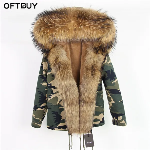 OFTBUY, Повседневная Зеленая зимняя куртка, Женская парка, пальто с натуральным мехом енота, большой воротник, парка с капюшоном, теплая верхняя одежда - Цвет: short Camouflage