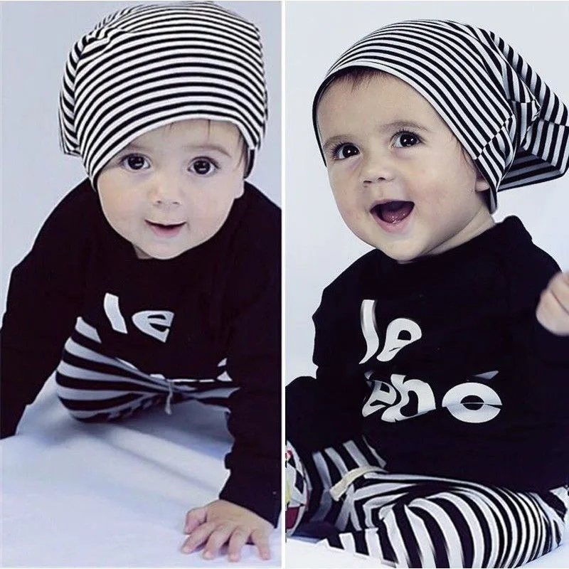Baby boy одежда черный длинный рукав буквы футболка + полосой брюки дети 2 шт. костюм