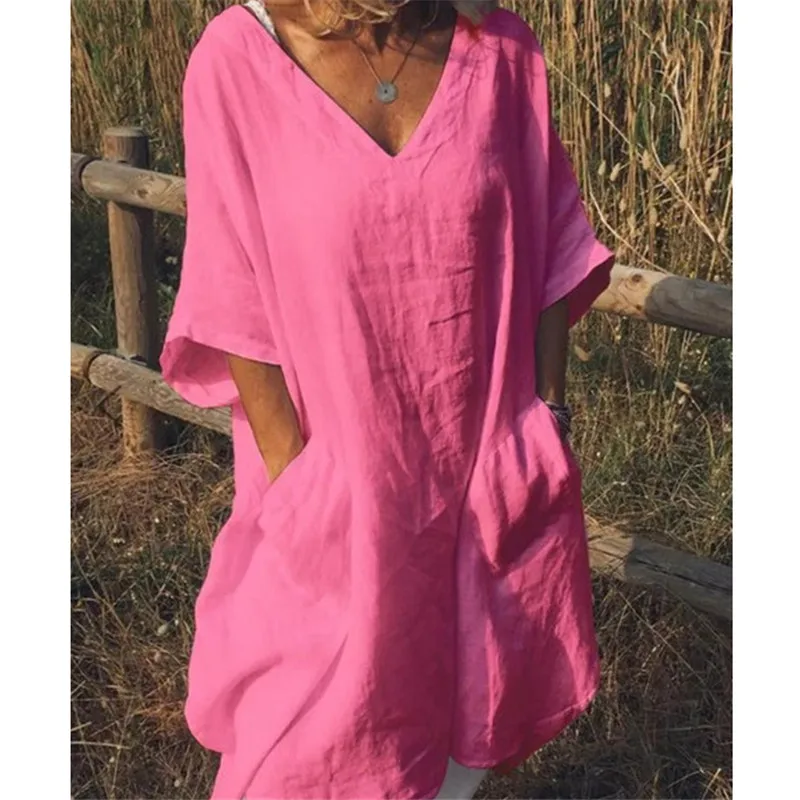 Casual Women Linen Cotton Dress Ladiess Printed Short Sleeve Loose Sundress O-Neck Baggy Pockets Mini Dresses | Женская одежда