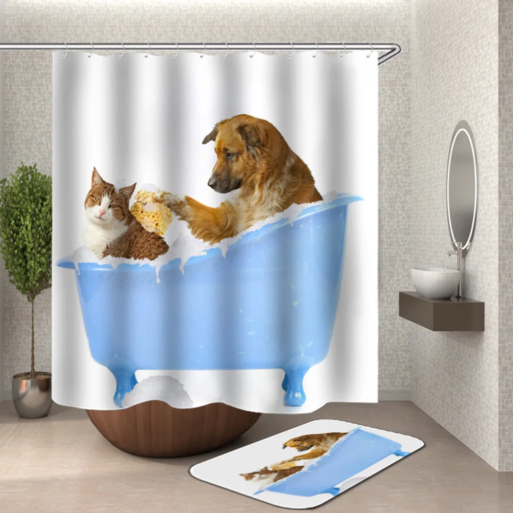 Cat Shower Curtain Bathroom Waterproof Fabric Poyester Bath Cute Pet Door | Дом и сад