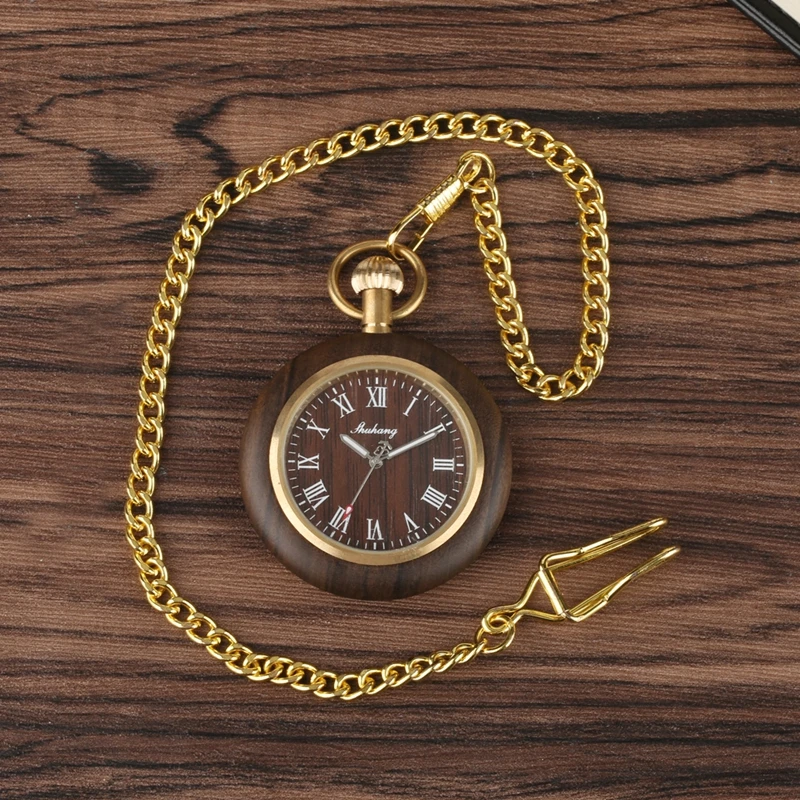

Retro Unique Royal Black Sandalwood Quartz Pocket Watch Fashion Round Dial Wood Watch with 30cm Gold Chain Men Hour Clock Gifts
