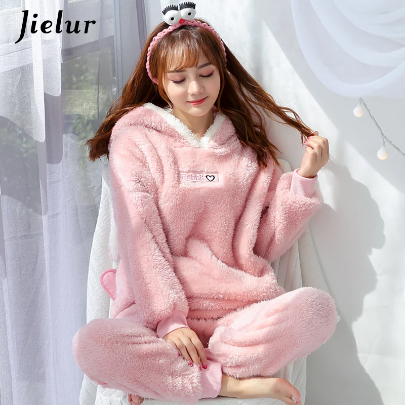 Jielur пижамы для девочек женщин мультфильм Kawaii осень теплый коралловый бархат Homesuit