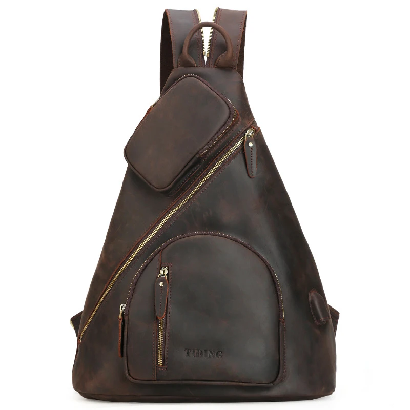 

Crazy Horse Leather Chest Bag For Men USB Charging Bag Pack Mans Sling Cross Body Shoulder Bag Large Travel Casual Hand BagPacks