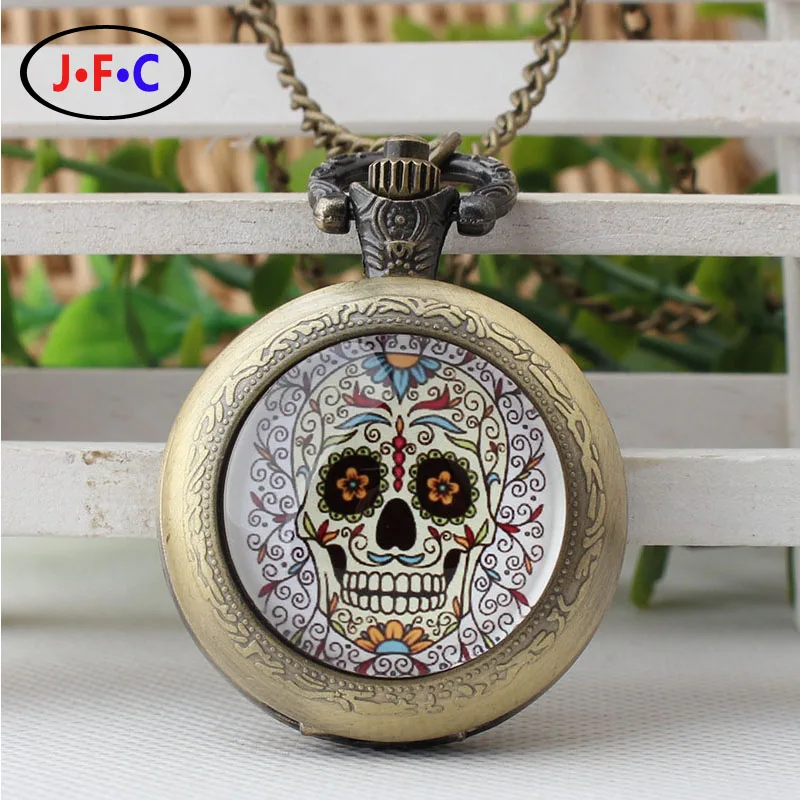 2017 новый цветок череп патч карманные часы классический старый бронзовый