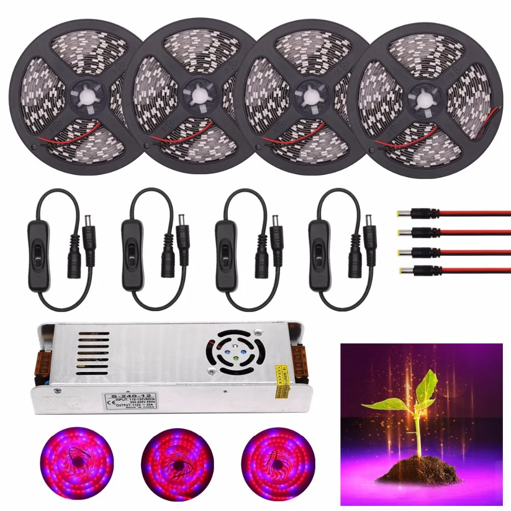 Светодиодные растительные лампы LED Grow Lights 30M 20M 15M 10M 5M DC 12V влагозащитные гибкие ленты для выращивания растений с переключателем питания, 60 светодиодов/м.