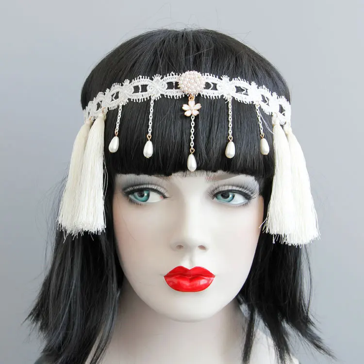 Женская повязка на голову белая кружевная лента с кисточками и жемчугом|crown