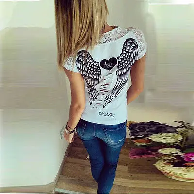 2015 New spring summer T-shirts women unique angel wings back printing short sleeve loose tshirt ladies lager size t shirt | Женская