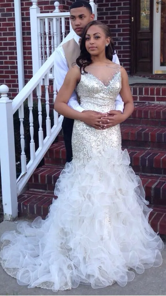 Новый Белый и Золотой Русалка Вечерние Платья 2016 Пром Sexy Открыть Назад Оборками