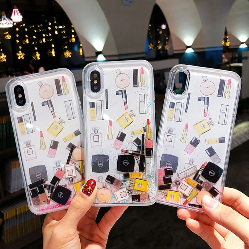 Макияж Косметический Чехол с сияющими блестками для iPhone XR X XS Max помада флакон для парфюма динамическая жидкость чехол для iPhone 6 6s 7 8 Plus чехол