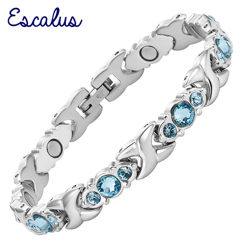 Escalus 24pcs Blue Crystals Magnetic Bracelet For Women Silver Color Stainless Steel Link Chain New Bracelets Jewelry Gift