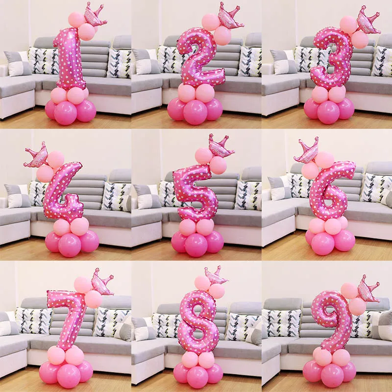 1set Blue Pink Foil Number Balloon Air Ballons Baloons Crown Anniversary Baby Shower Kids Happy Birthday Boy Girl | Дом и сад