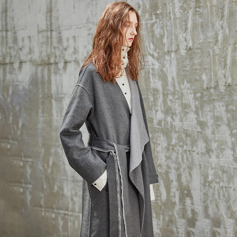 2018 AW Collection original design simple asymmetrical long belted gray double faced wool coat women | Женская одежда