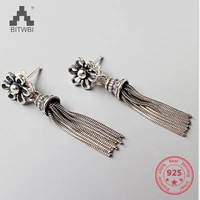 925 sterling silver flower long tassel earrings for women thai silver elegant lady sterling silver jewelry