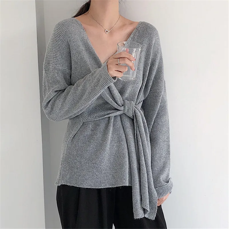 Korobov Sweater Feminine Korean Waist Lace Up Women Sweaters Solid Irregular Sueter Mujer V-Neck Casual Knitted 75917 | Женская одежда