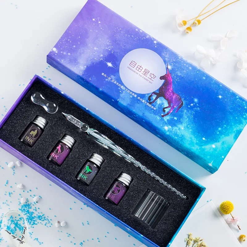 Middle box F JUGAL прозрачная стеклянная ручка звездное небо Dip Ручка Блеск порошок ручка чернила Подарочная коробка набор пишущий инструмент перьевая Dip Ручка подарочная коробка - Цвет: Middle box F