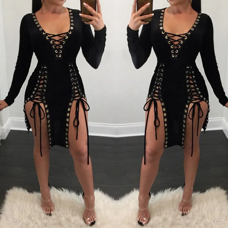 Глубокий v-образным вырезом женщин кружева выдалбливают сексуальный повязку dress