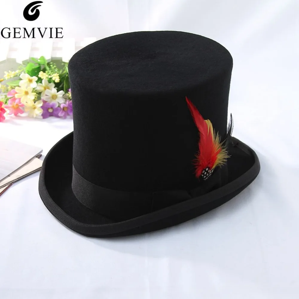 GEMVIE 100% Wool Felt Beaver Top Hat With Feather Cylinder Hat For Women Men Mad Hatter Party Costume High Magician Cap