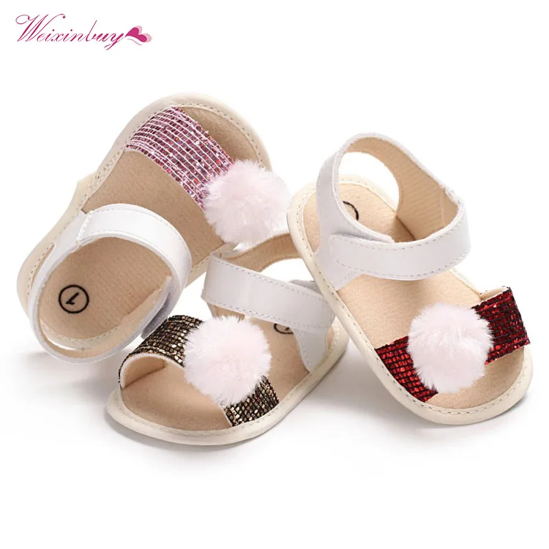 Infant Girls Sequins PU Sandals Baby Fur Ball Newborn Crib Shoes Soft Sole baby sandals | Мать и ребенок