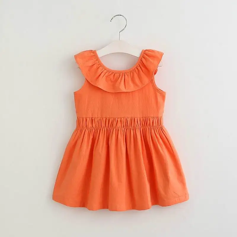 

Summer Dress for Girls Ruffles Collar Elastic Waist V Backless Cotton Dress Children Clothing 2-7Y E16359