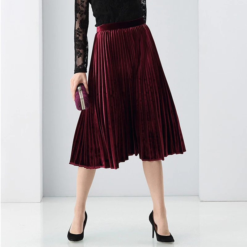 Velvet Pleated Skirt Women 95% Cotton Blended Fabric Elegant Style Classic Design 3 Colors High Quality Skirts New Fashion 2018