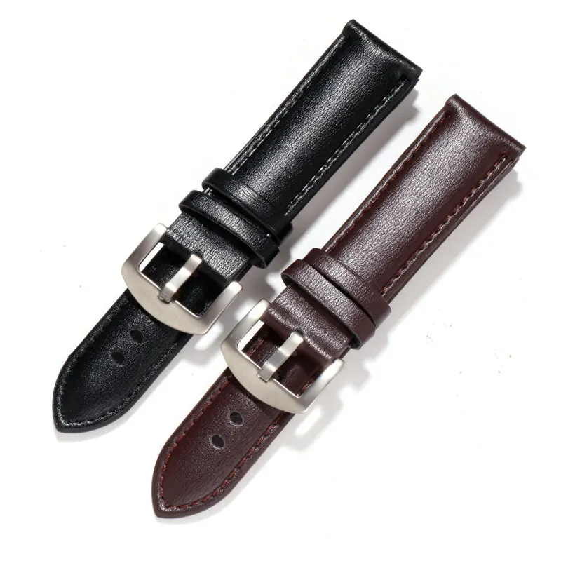 Ремешок из натуральной кожи для наручных часов браслет обычных с серебристой