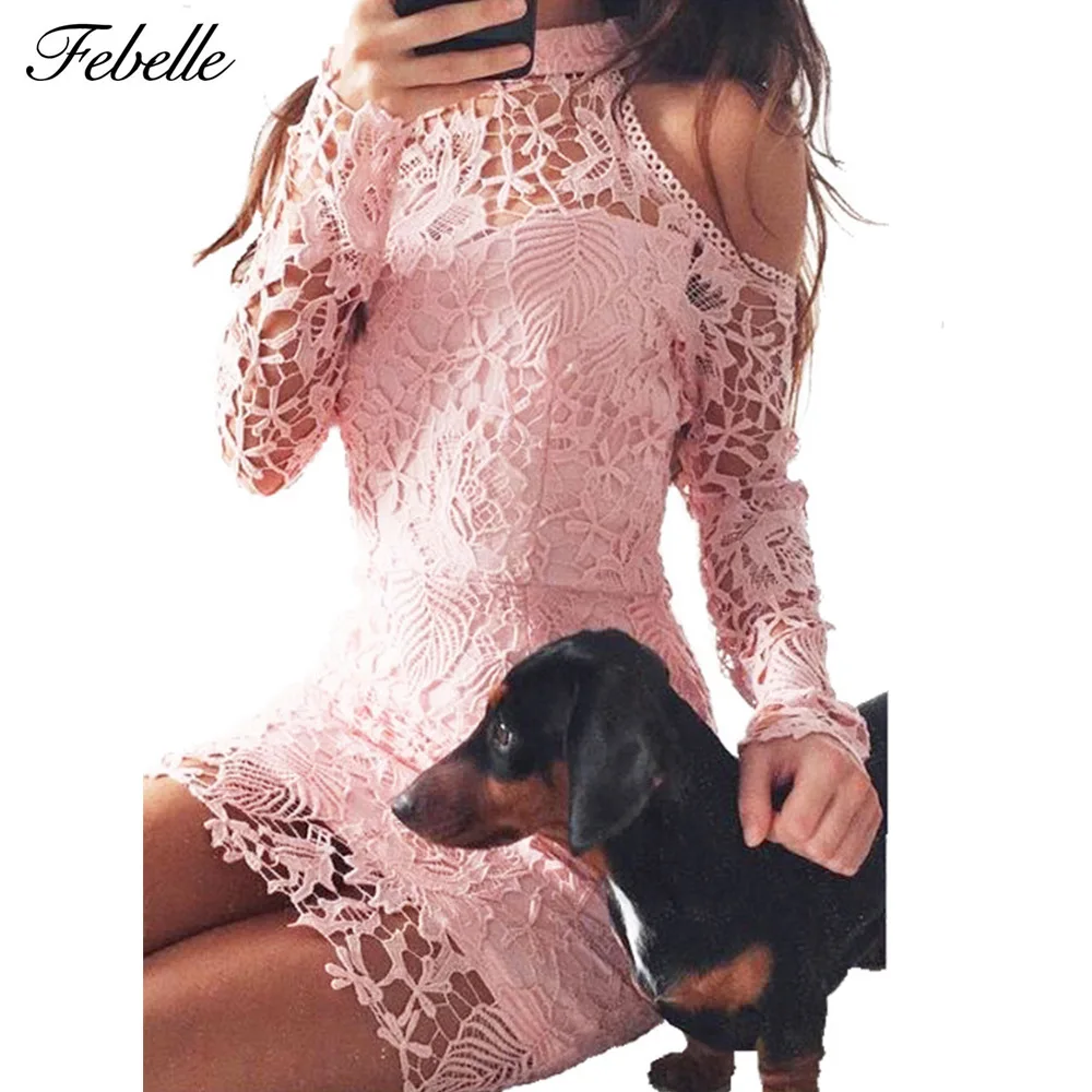 Febelle сексуальное с открытыми плечами платье вязаное крючком Для женщин розовым