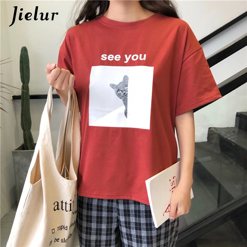 Jielur модные женские футболки лето 2019 Харадзюку мультяшный Кот принт футболка