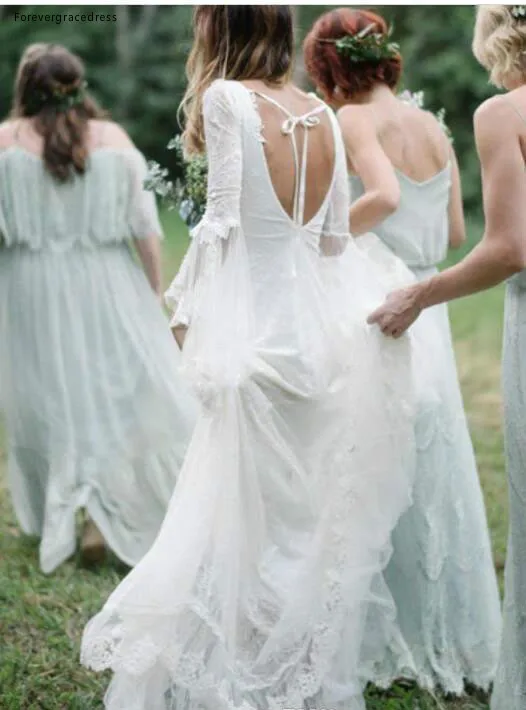 Свадебное платье с длинным рукавом кружевное пляжное в стиле бохо садовый