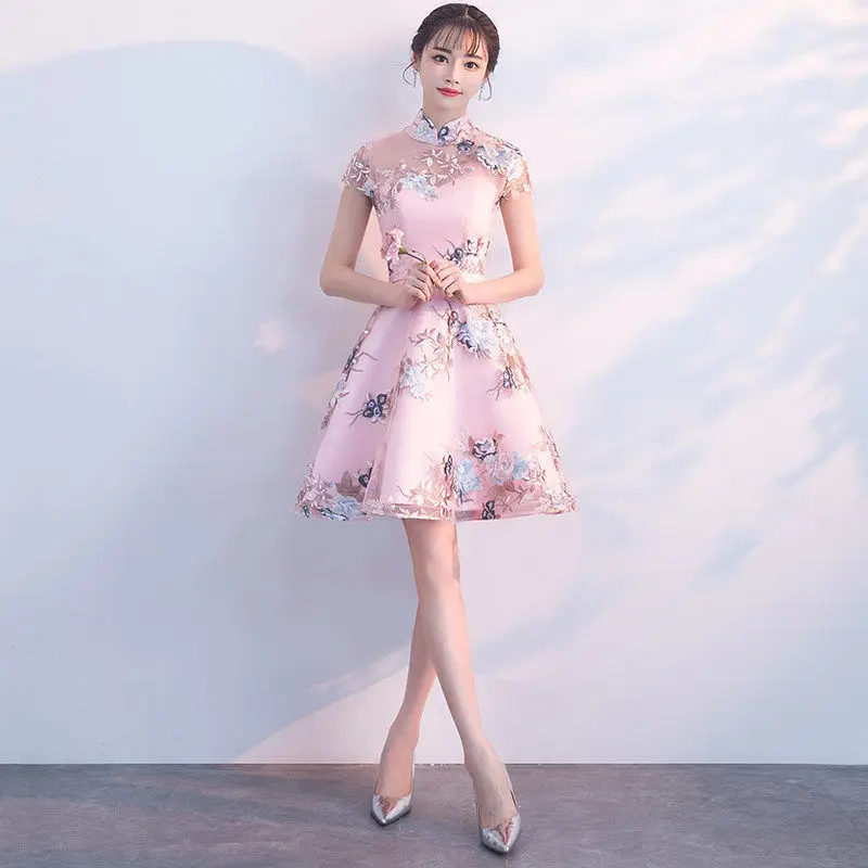 pink A Традиционное китайское платье с вышивкой, Qipao, женские вечерние платья, винтажное платье Cheongsam для женщин, невесты, короткое Кружевное платье Cheongsam, современное платье - Цвет: pink A