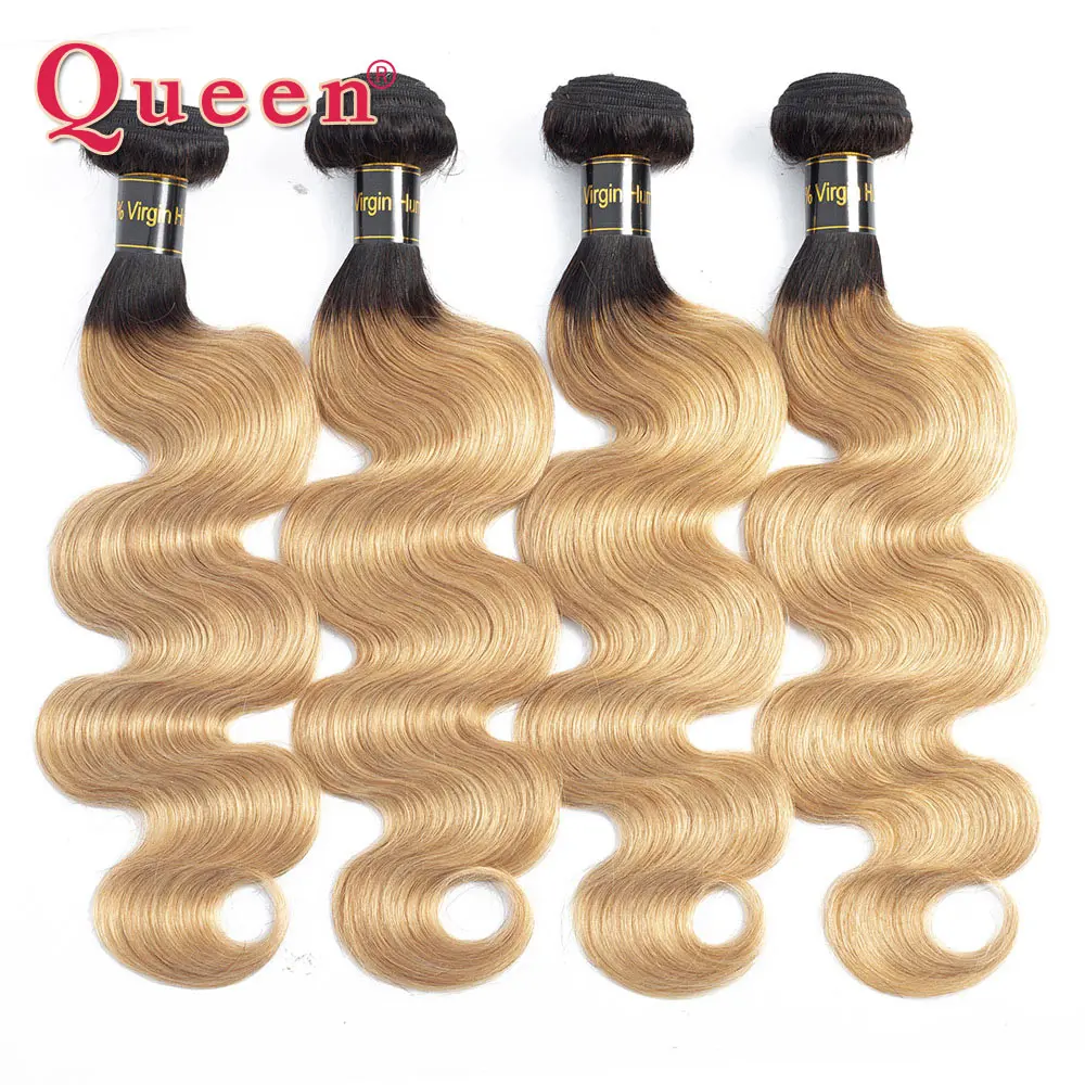 

Бразильские волнистые человеческие волосы Queen Hair, светлые волосы омбре с темными корнями T1B/27, можно купить 1/3/4, накладные пряди для наращивания