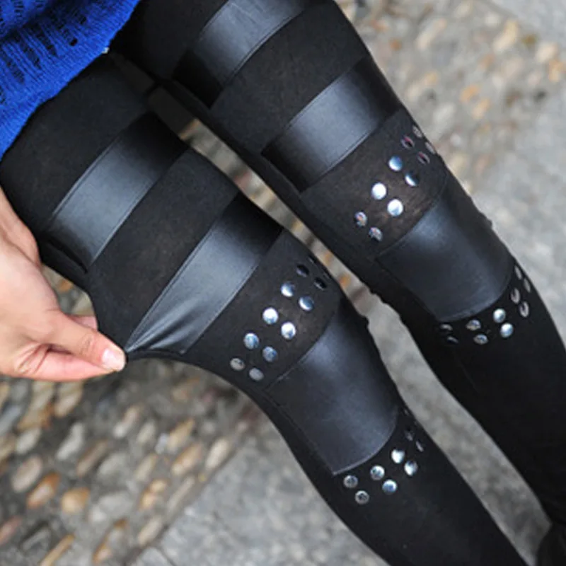 Punk fabric and fake Leather Leggings Women Sexy black patchwork Pants Stretch Gothic pant lady sexy Rivit Leggins Slim capris | Женская