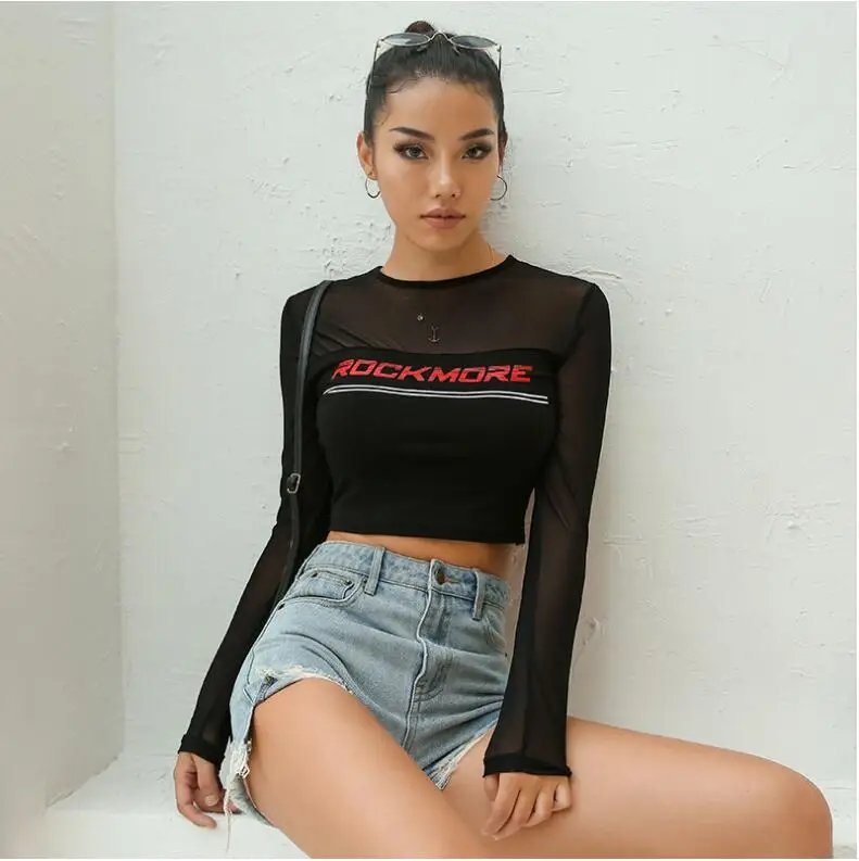 Лоскутная черная сетчатая футболка Женская Сексуальная с буквенным принтом