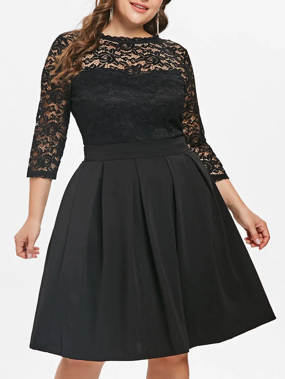 Black Wipalo, женское платье, плюс размер, 5XL, круглый вырез, кружевная панель, ТРАПЕЦИЕВИДНОЕ ПЛАТЬЕ, длина до колена, однотонное, женское платье для вечеринки, ol, платье, повседневное, Vestidos - Цвет: Black
