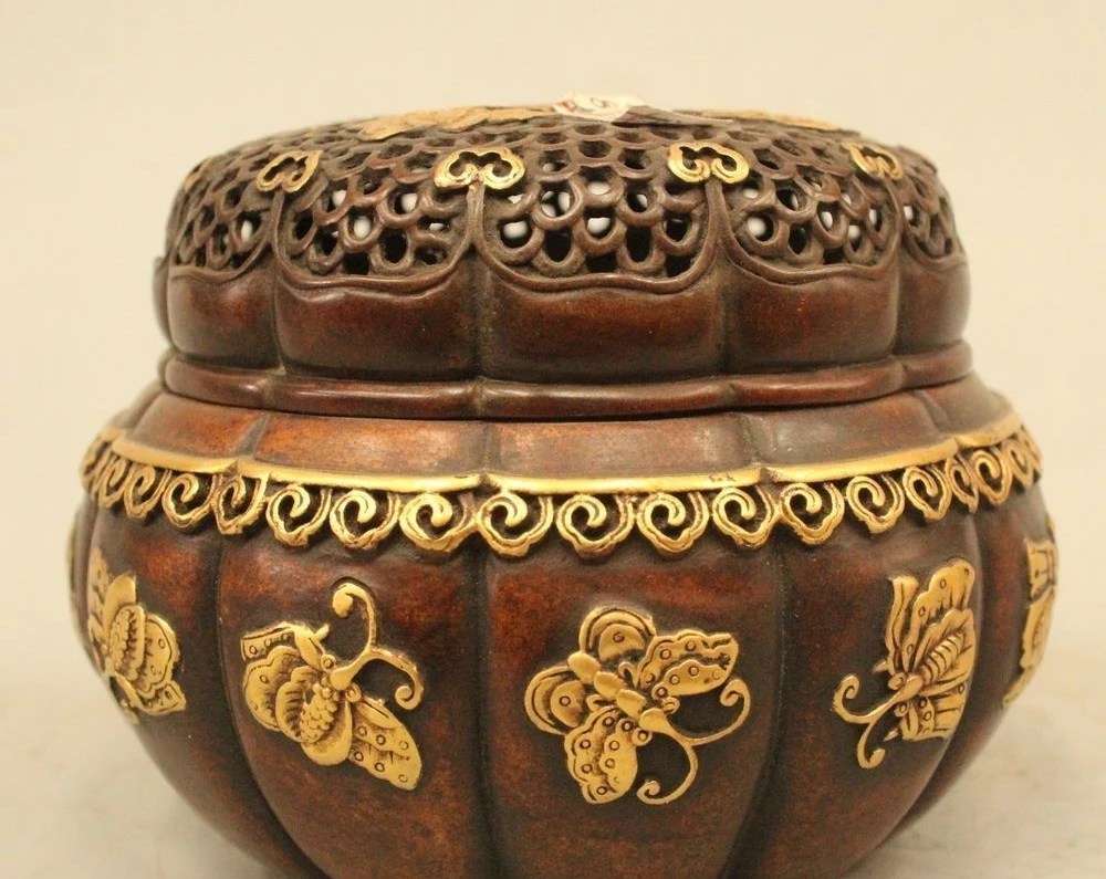 4&quot Chinese Purple Bronze 24K Gold Butterfly pumpkin Statue Incense Burner Censer | Дом и сад