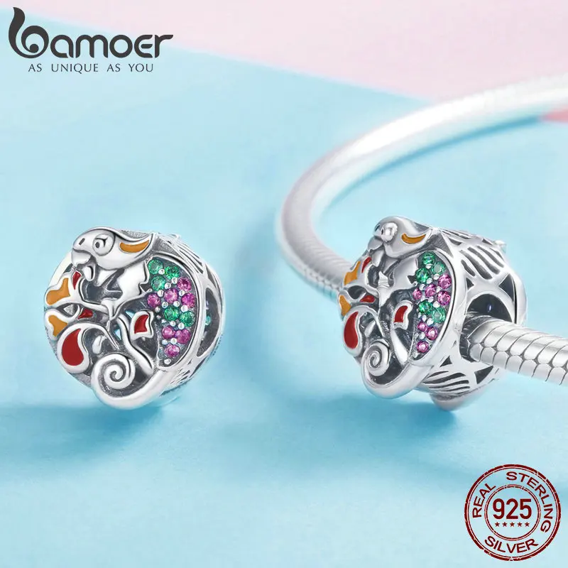 BAMOER Hot Sale Genuine 925 Sterling Silver Colorful CZ Lizard Round Beads Fit Charm Bracelets& Necklaces DIY Jewelry SCC851