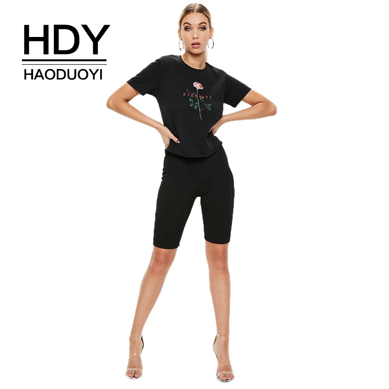 Женская футболка HDY Haoduoyi базовая черная с принтом в виде Розы свободная коротким