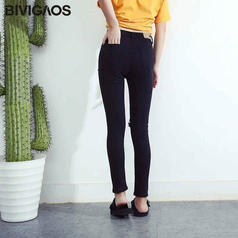 BIVIGAOS Женские повседневные модные рваные джинсы черного цвета с высокой талией