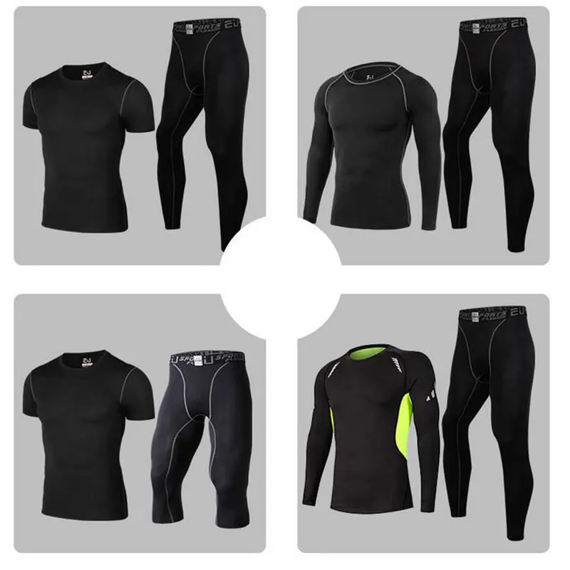 Fitness Men Sets Pure black Compression Shirts and Leggings Base Layer Long Sleeve T Shirt Clothing Set | Мужская одежда