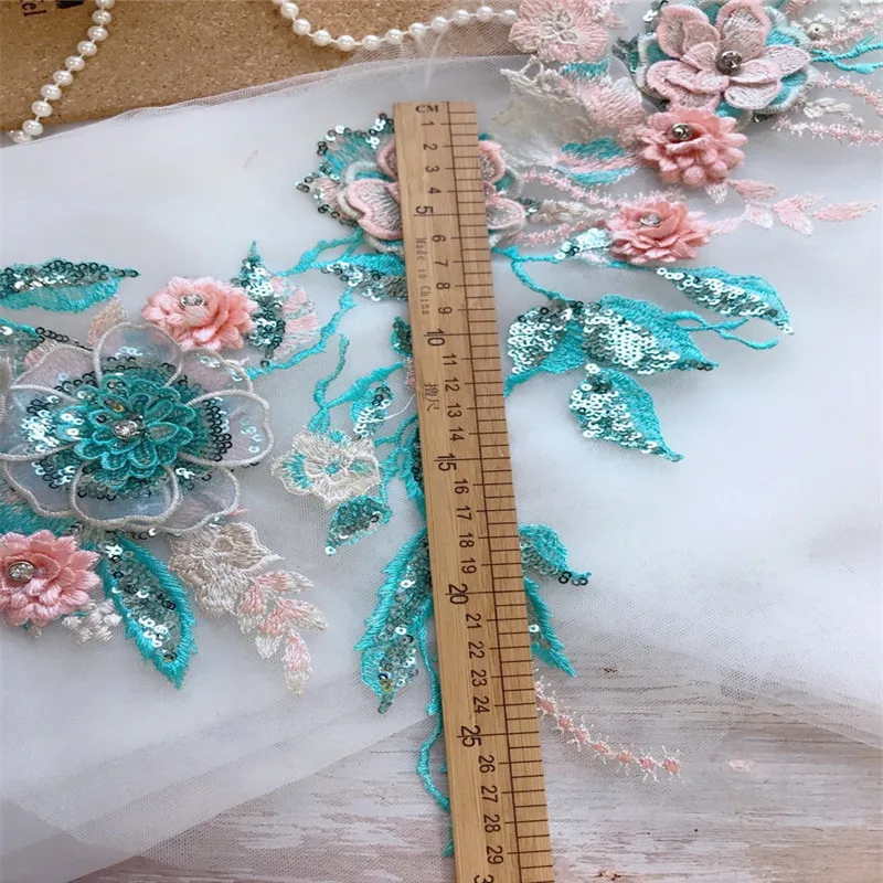 1 piece Turquoise applique Sequins rhinestone embellishments flower 3D lace blue pink | Дом и сад