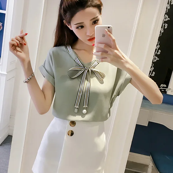 Зеленый Женские топы и блузки mujer de moda, стильные шифоновые Женские рубашки в Корейском стиле, женская модная одежда, летняя женская одежда с бантом - Цвет: Зеленый