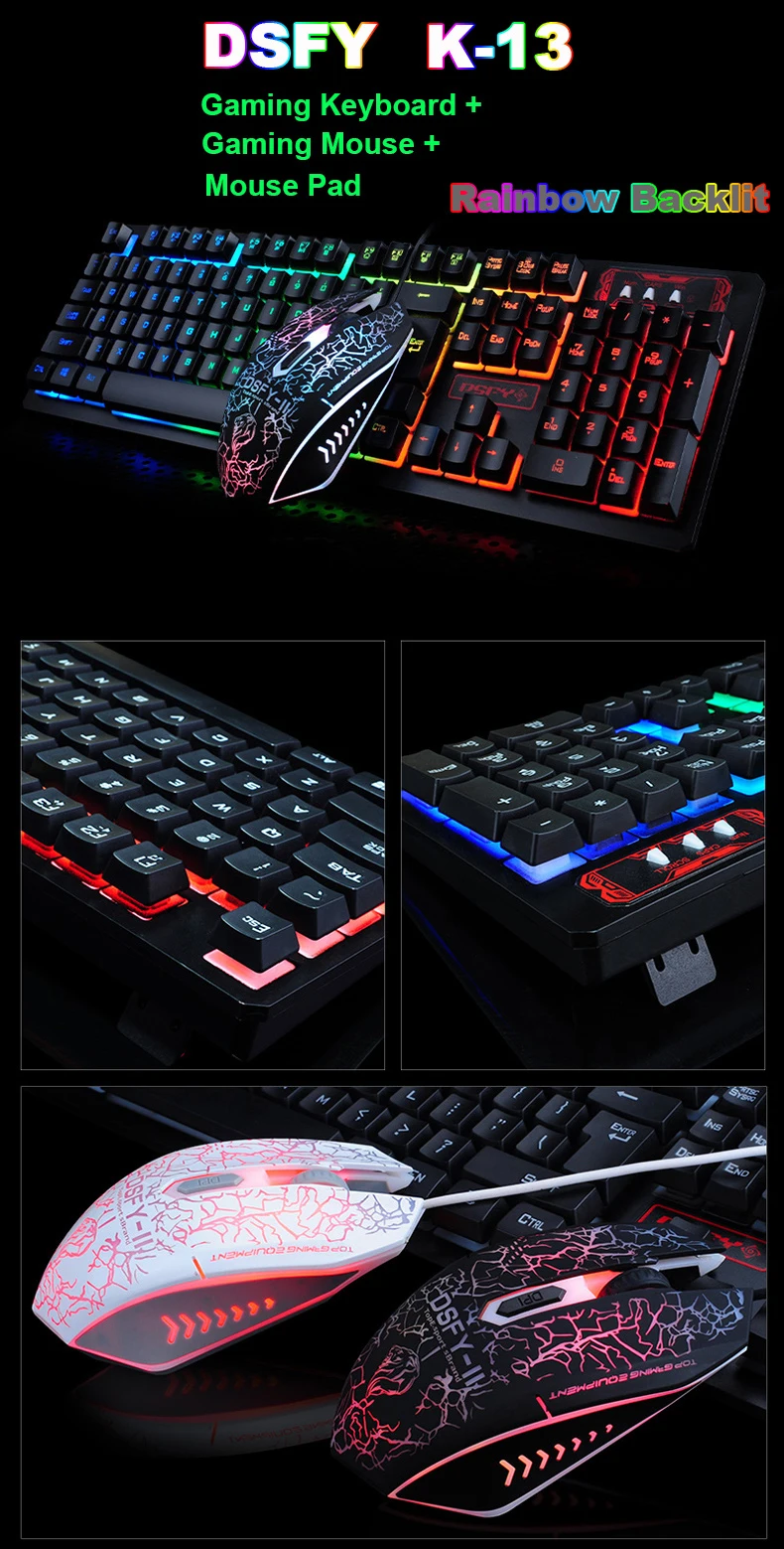 K-13, проводная, Радужная, с подсветкой, Usb, мультимедийная, эргономичная игровая клавиатура+ 2400 dpi, комплекты оптической игровой мыши+ коврик для мыши
