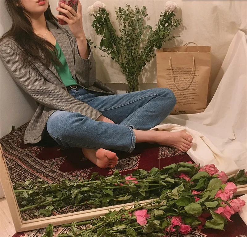 Корейский Клетчатый офисный Женский блейзер, пиджак, винтажный однобортный модный Рабочий костюм, элегантная верхняя одежда, Женское пальто с узором "гусиная лапка"