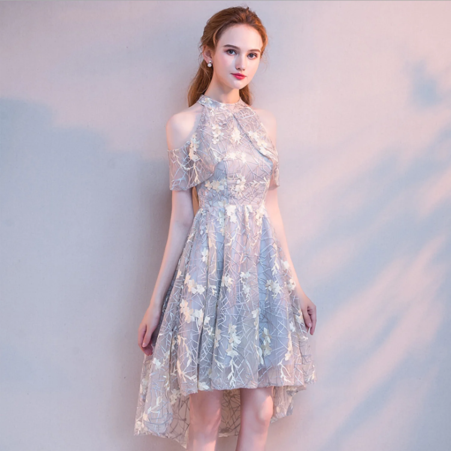 

ANTI Elegant Women High Neck Tulle robe Short Cocktail Dress Off Shoulder Special Occasion vestidos coctel Applique Sequin Gowns