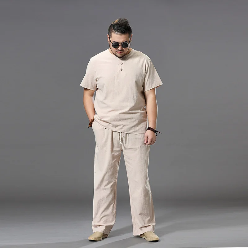 

plus size M-9XL casual Men linen solid Tops Tees sets T-shirts Chinese style Summer T shirt o-neck short sleeve two-piece suits