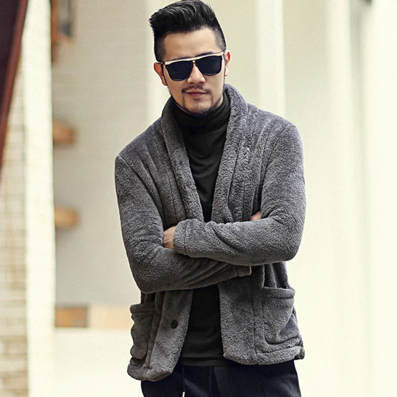 Men new arrival winter black Cardigan Jacket warm plush furry slim European style coat metrosexual man Plush cardigan suit |